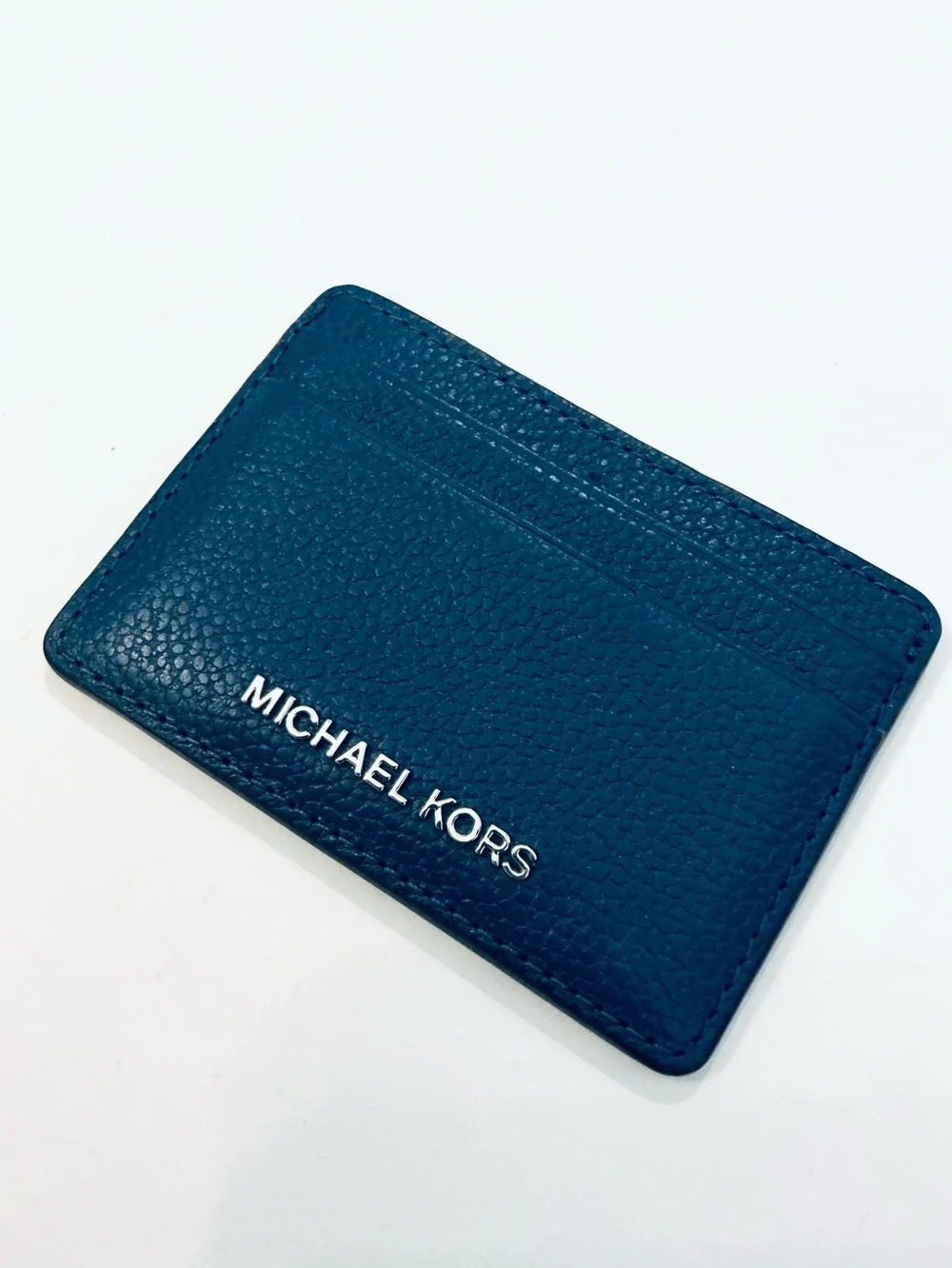 MICHAEL KORS, Navy Pebbled Leather Card Case with MK Silver Logo